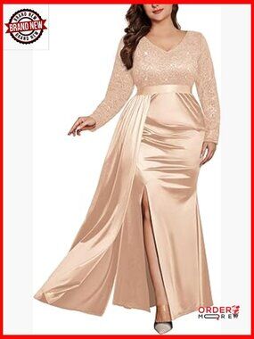 Women's Plus Size Sequin Lace V-Neck Long Satin Mermaid Formal Dress